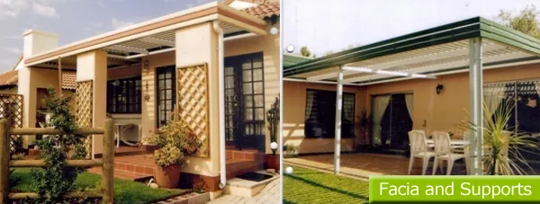 Colour-matched aluminium fascia and support posts on a patio awning