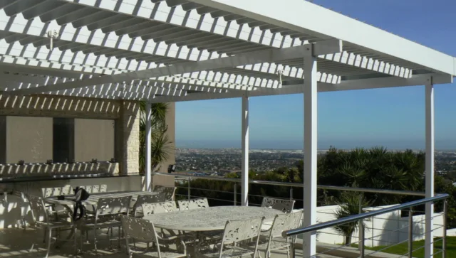 Adjustable louvres tilted to filter sunlight